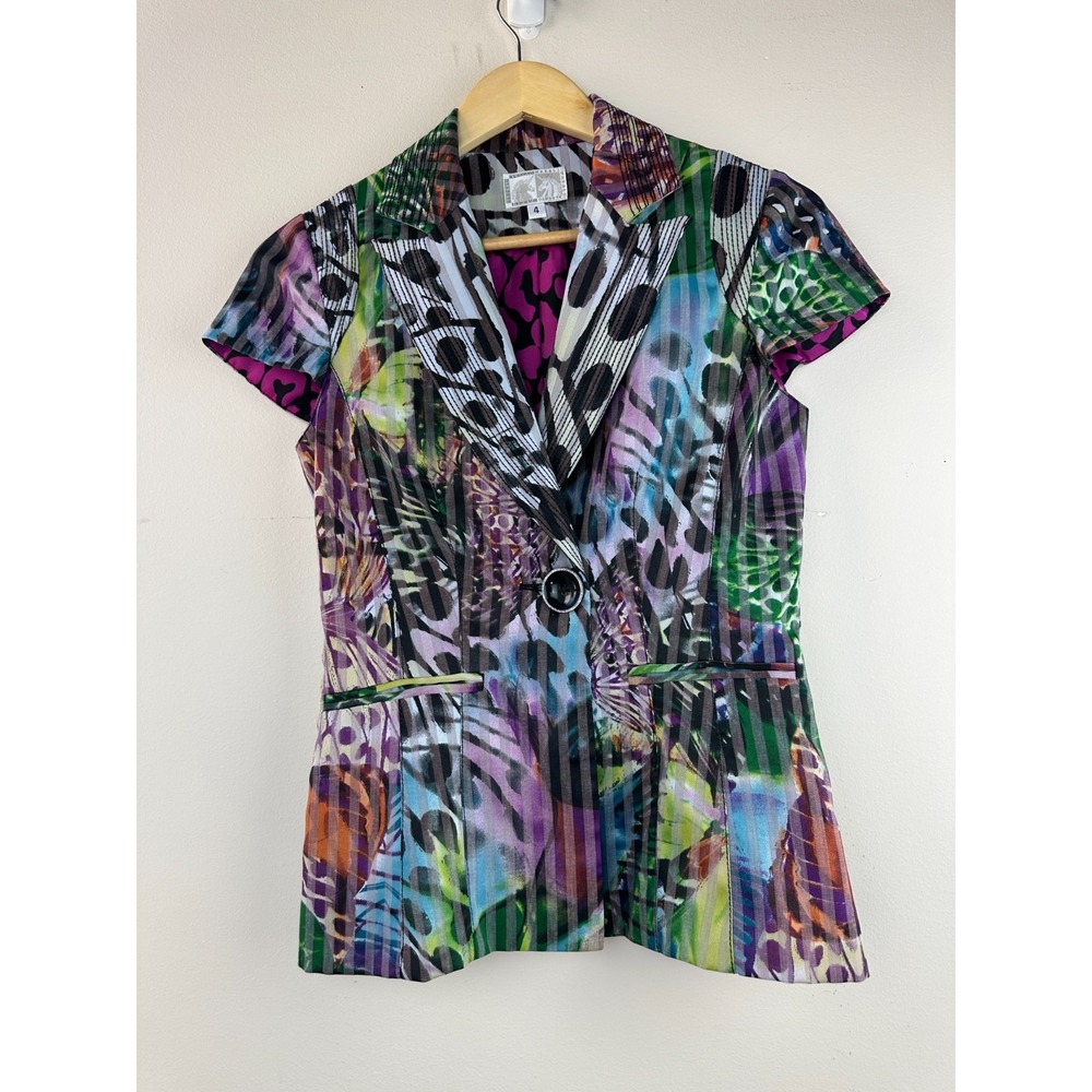 Alberto Makali Blazer Size 4 Short Sleeve Animal Butterfly Print Light Jacket - Picture 12 of 14